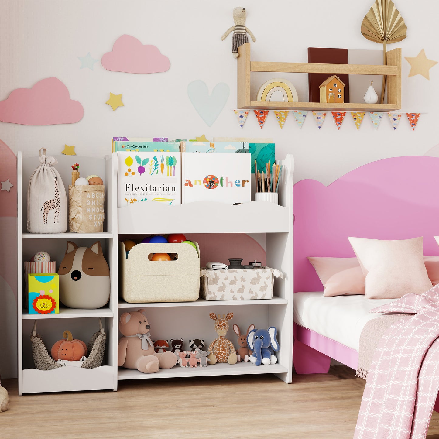 Kids Toy Storage Unit & Bookshelf – Bear Design, Sectioned Shelves, 79cm Child-Height, MDF, For Bedroom, Nursery & Playroom – White