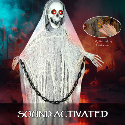 183 cm Life Size Halloween Animated Skeleton Grim Reaper with Glowing LED Eyes, Scary Halloween Decorations, Battery Operated, Indoor Party Props