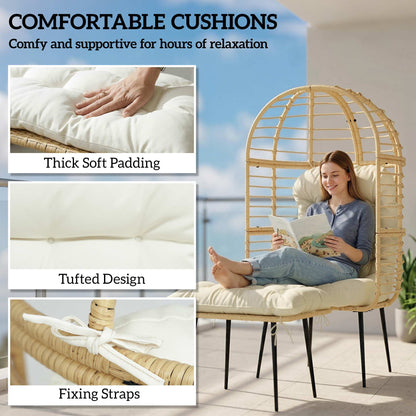 Rattan Egg Chair & Footstool Set | 11cm Tufted Cushions | UV & Weather Resistant | Steel Frame | 120kg | Indoor & Outdoor | Beige
