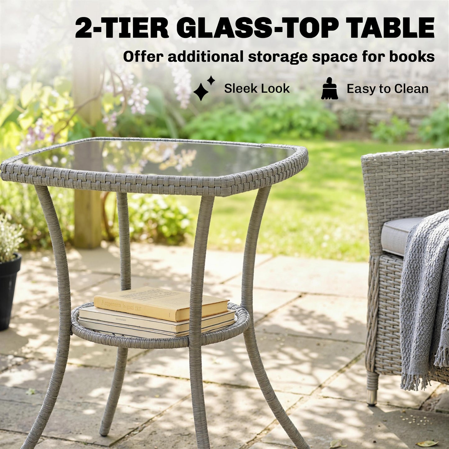 3 Piece Rattan Bistro Set | 2 Cushioned Armchairs | 2-Tier Glass Top Table | Powder Coated Steel | 120kg | Dark Grey