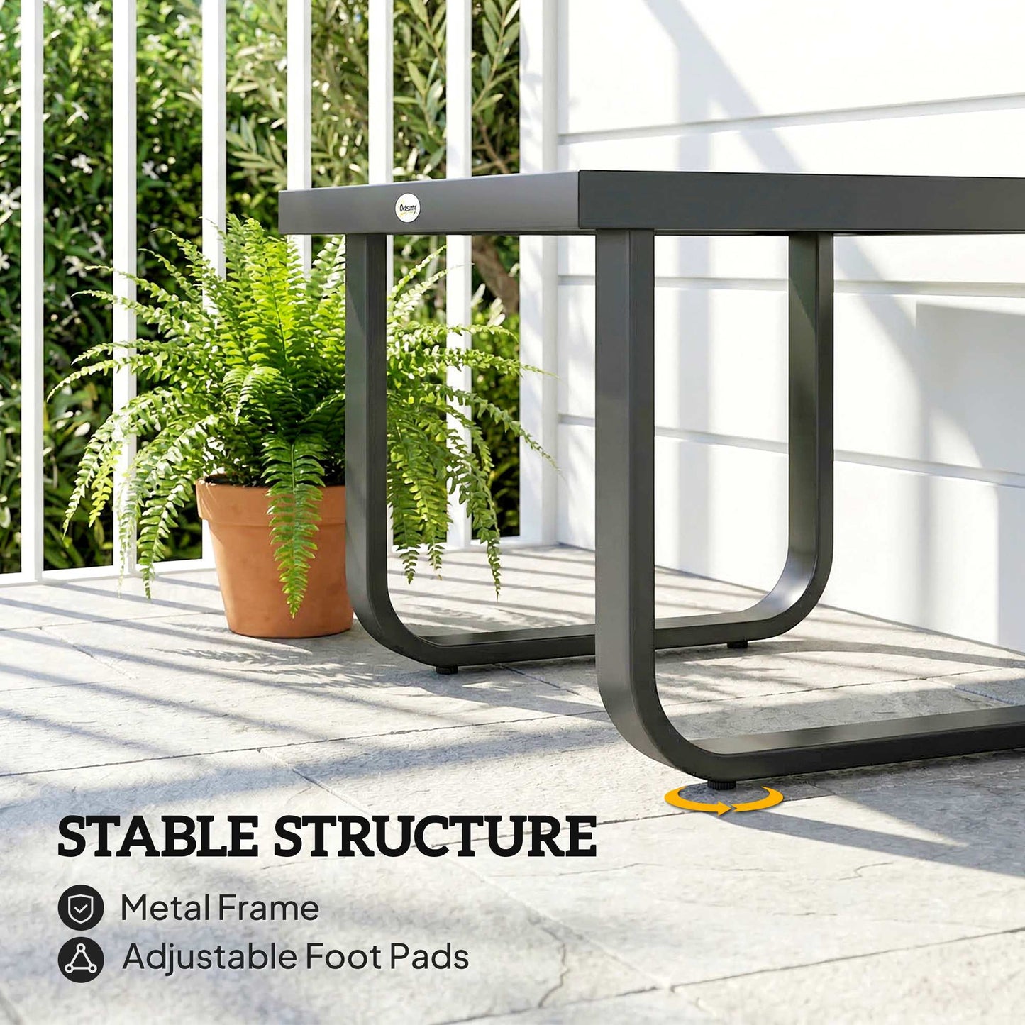 Outdoor Garden Coffee Table | Tempered Glass Top | Powder Coated Metal Frame | Adjustable Feet | 45x45x33cm | 30kg | Black