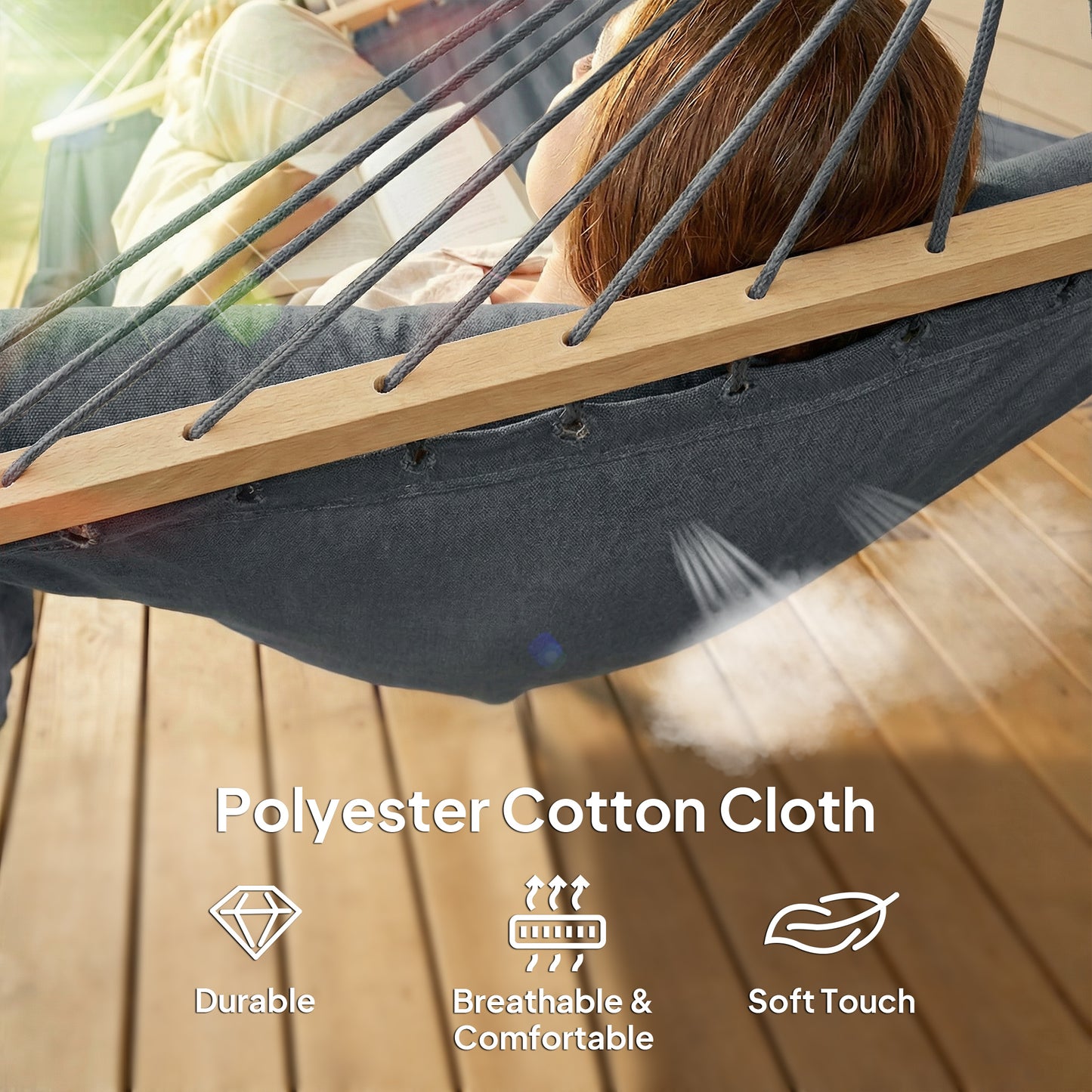 Cotton Hammock | 270x80cm | Headrest | Side Pocket | Hardwood Spreader Bar | Hanging Straps | Portable & Foldable | 120kg | Dark Grey
