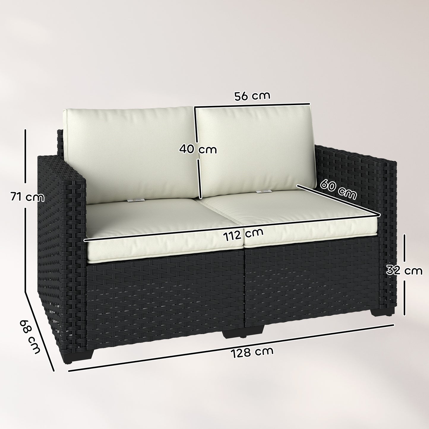 2 Seater Rattan Garden Sofa | 60cm Deep Seat | 8cm Seat & 15cm Back Cushions | Wide Armrests | Powder-Coated Steel Frame | 240kg | 128x68x71cm | Black