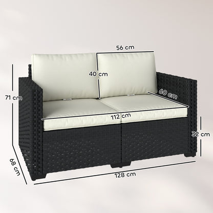 2 Seater Rattan Garden Sofa | 60cm Deep Seat | 8cm Seat & 15cm Back Cushions | Wide Armrests | Powder-Coated Steel Frame | 240kg | 128x68x71cm | Black