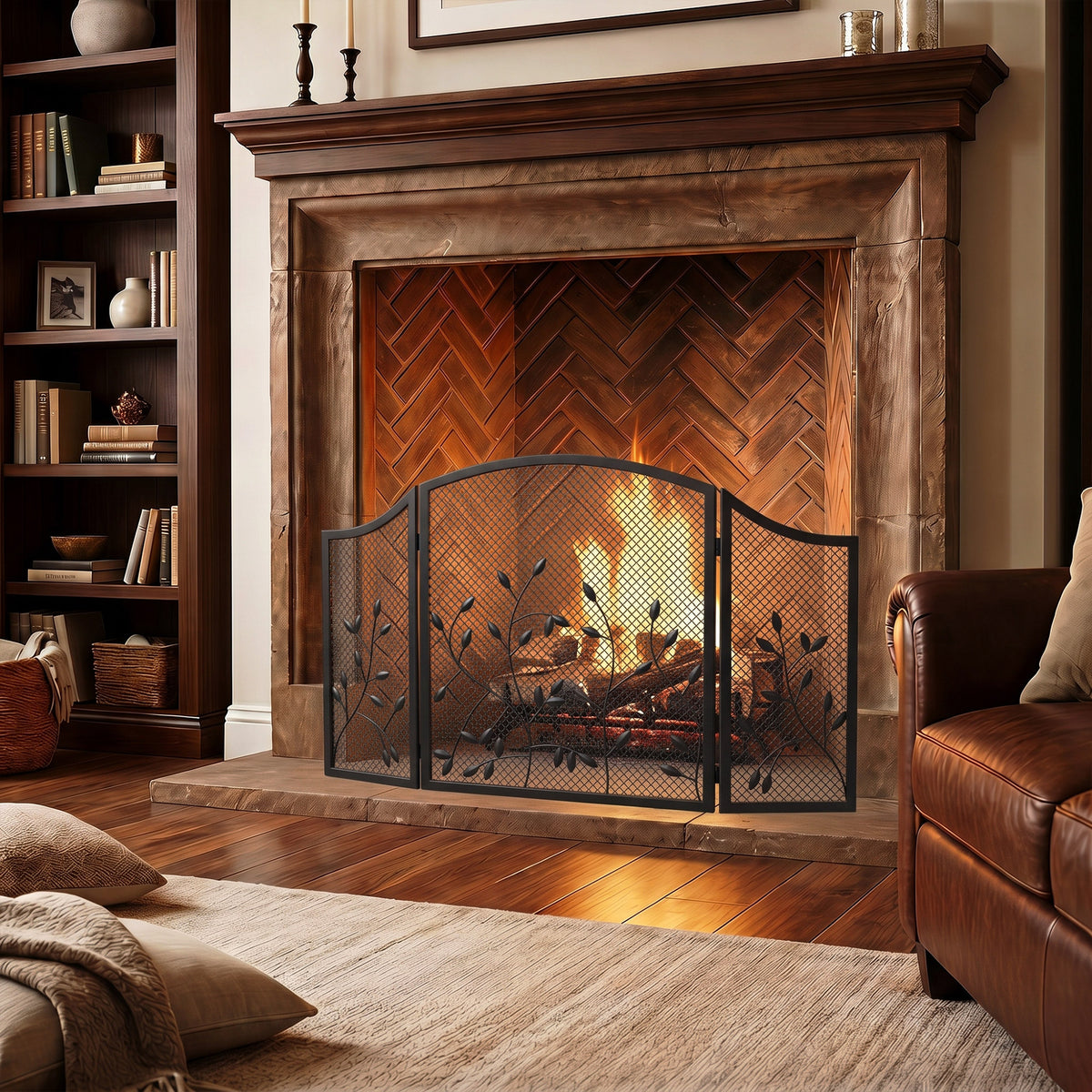 3-Panel Folding Fireplace Screen | Powder-Coated Metal | Spark Guard | 122x75cm Open | Folds to 61cm | Adjustable Layout | No Assembly | Black