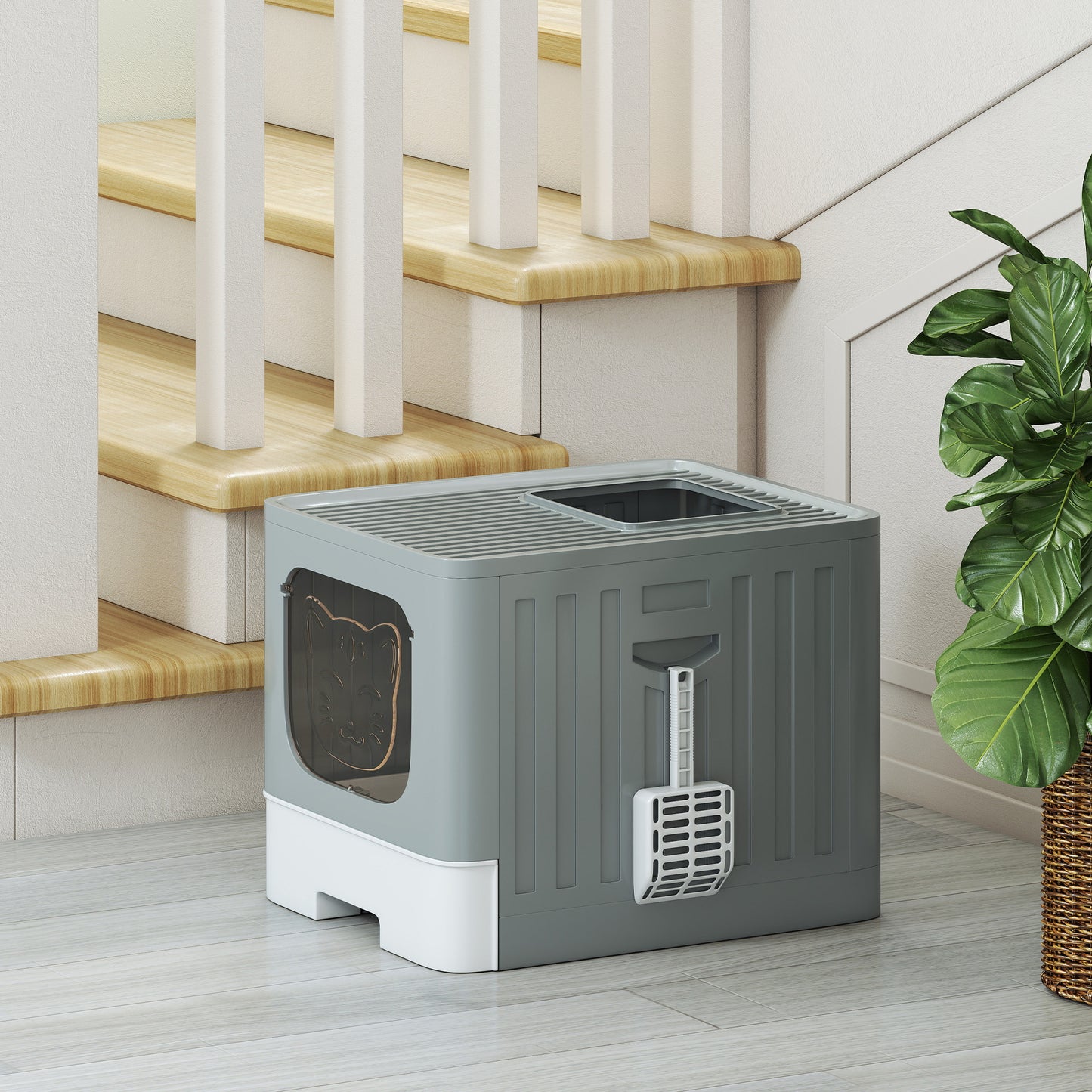 PawHut Foldable Cat Litter Box with Lid, Slide-Out Drawer, Scoop, Easy Clean, Odour Control, Anti-Splashing, Grey