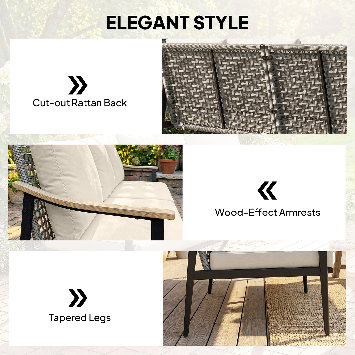 3 Seater Rattan Garden Sofa | Wood-Effect Armrests | Cut-Out PE Wicker Backrest | 8cm Seat & 12cm Back Cushions | Tapered Legs | Steel Frame | 360kg | 176x75x78cm | Khaki
