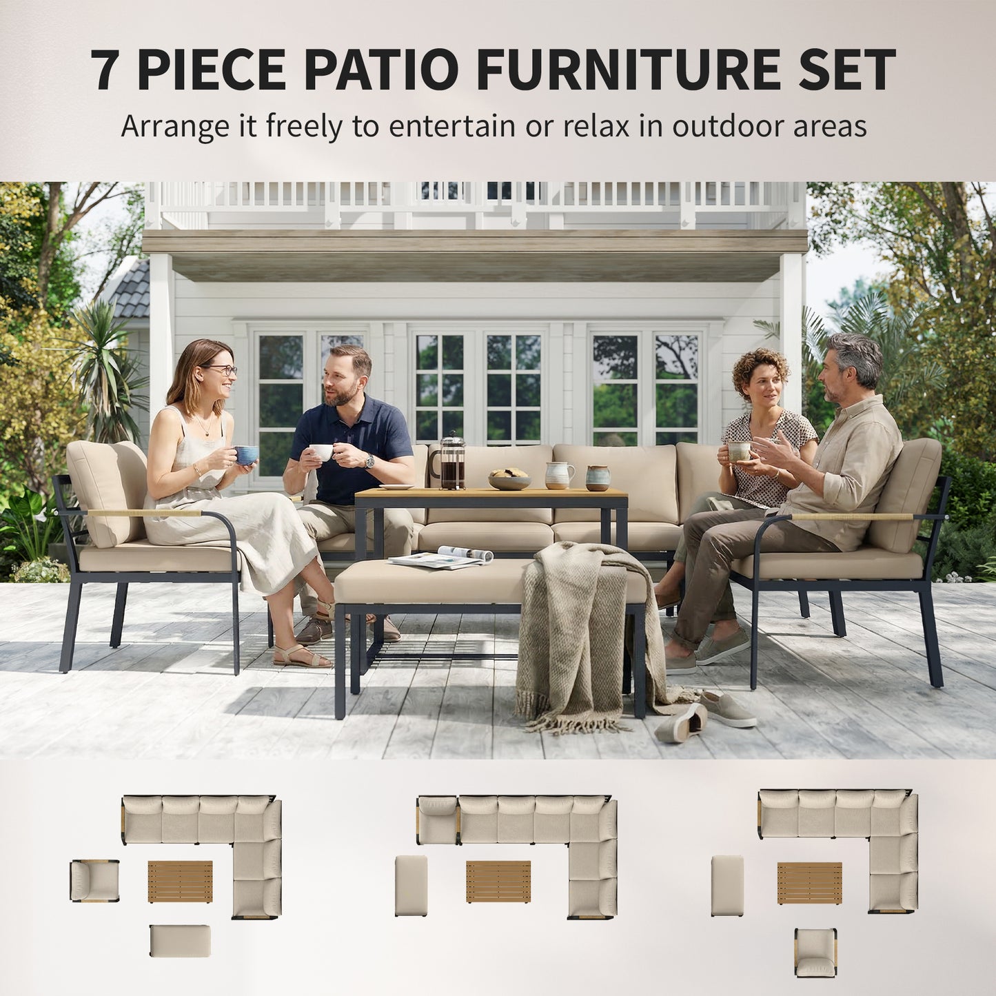 7-Piece 7-Seater Rattan Garden Furniture Set | 2 Loveseats | Armchair | Corner Chair | Footstool | WPC Table | 15cm Back Cushions | 120kg | Khaki