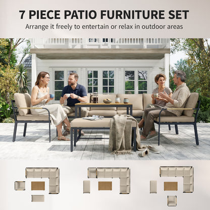 7-Piece 7-Seater Rattan Garden Furniture Set | 2 Loveseats | Armchair | Corner Chair | Footstool | WPC Table | 15cm Back Cushions | 120kg | Khaki