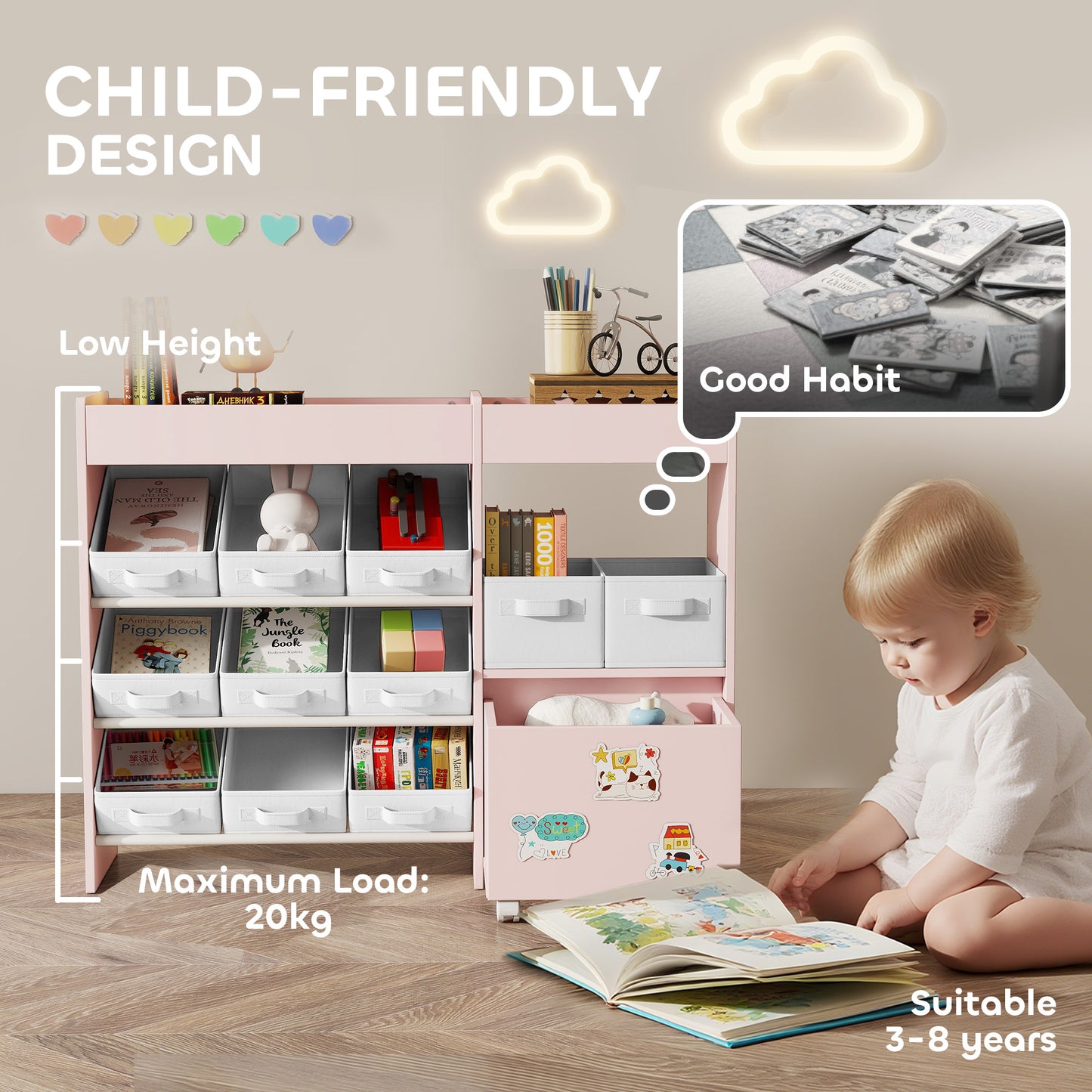 AIYAPLAY Kids Toy Storage Unit with 11 Bins, Cabinet, Top Shelves, 3 Stickers, for Nursery, Playroom, Pink