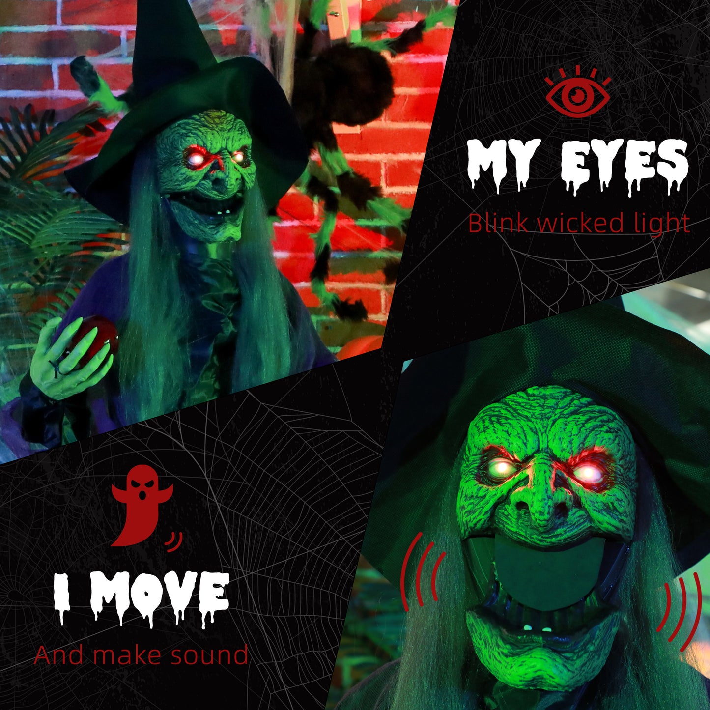 180 cm Life Size Halloween Animated Standing Witch, Spooky Witch with Glowing LED Eyes,  Battery Operated
