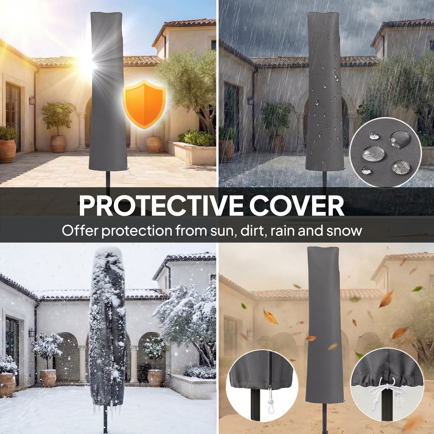 3m Cantilever Parasol with 32 Solar LED Lights | 295cm Canopy | 8 Metal Ribs | Crank Lift | Water-Repellent | 2 Wind Ropes | Cross Base & Cover Included | Black