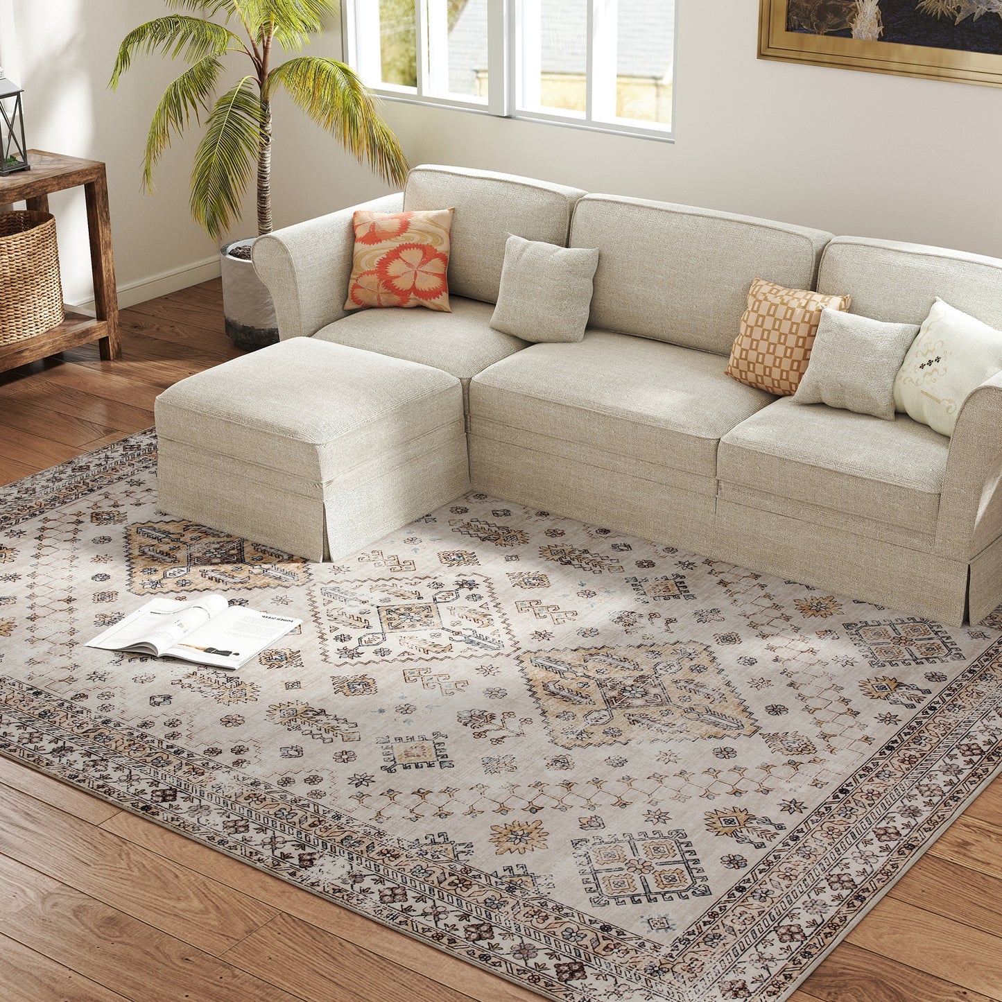 Vintage Classic Motif Area Rug | Machine Washable | Soft Flannel 100% Polyester | TPR Non-Slip Backing | Foldable | 290x200cm | Beige | Living Room Bedroom Dining Room Home Office