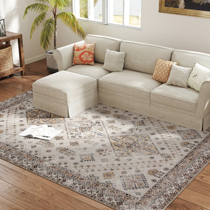 Vintage Classic Motif Area Rug | Machine Washable | Soft Flannel 100% Polyester | TPR Non-Slip Backing | Foldable | 290x200cm | Beige | Living Room Bedroom Dining Room Home Office