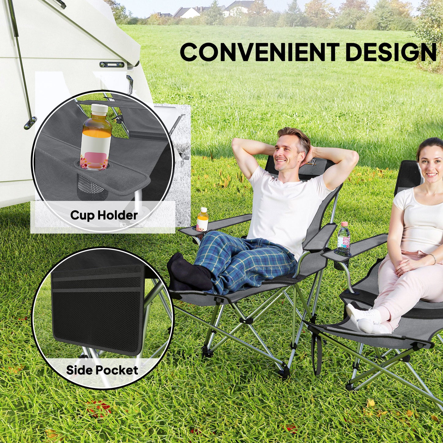 Set of 2 Reclining Folding Camping Camp Chair w/ Detachable Footrest, Storage Bag, Cup Holder & Headrest, Lightweight Portable for Beach, Picnic