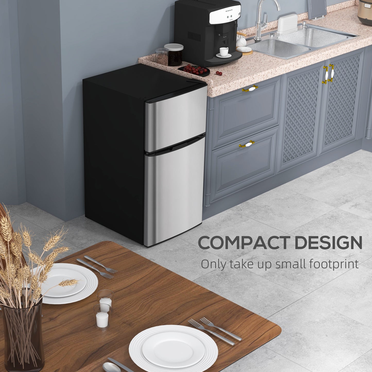 88L Under Counter Fridge Freezer, Small Refrigerator with 5-Setting, 3 Star Freezer Rating, Black and Silver Tone