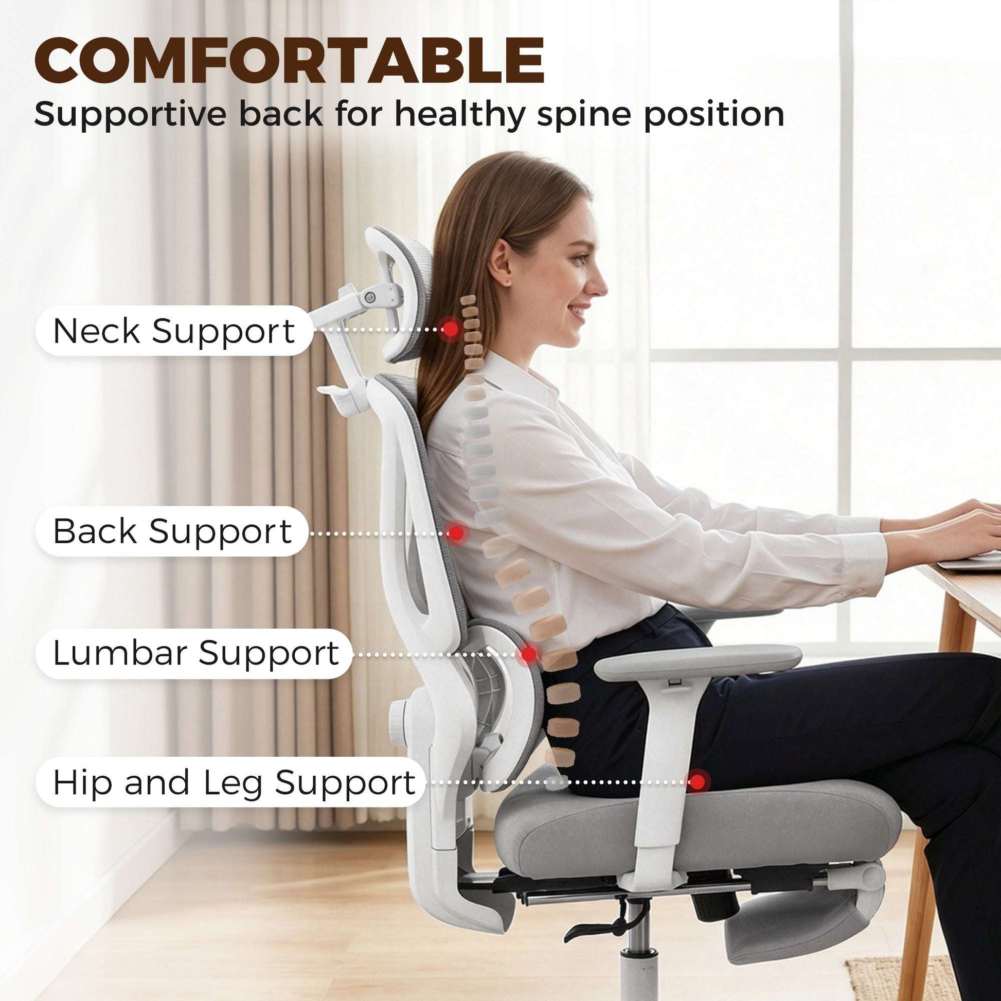 Ergonomic Office Chair | Adjustable Headrest | 3D Armrests | Lumbar Support | 135° Recline | Footrest | Breathable Mesh | 135kg | Grey
