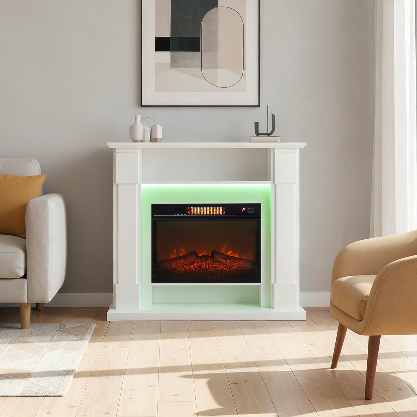 6142 BTU Electric Fireplace and LED Mantel, 17-27°C - White