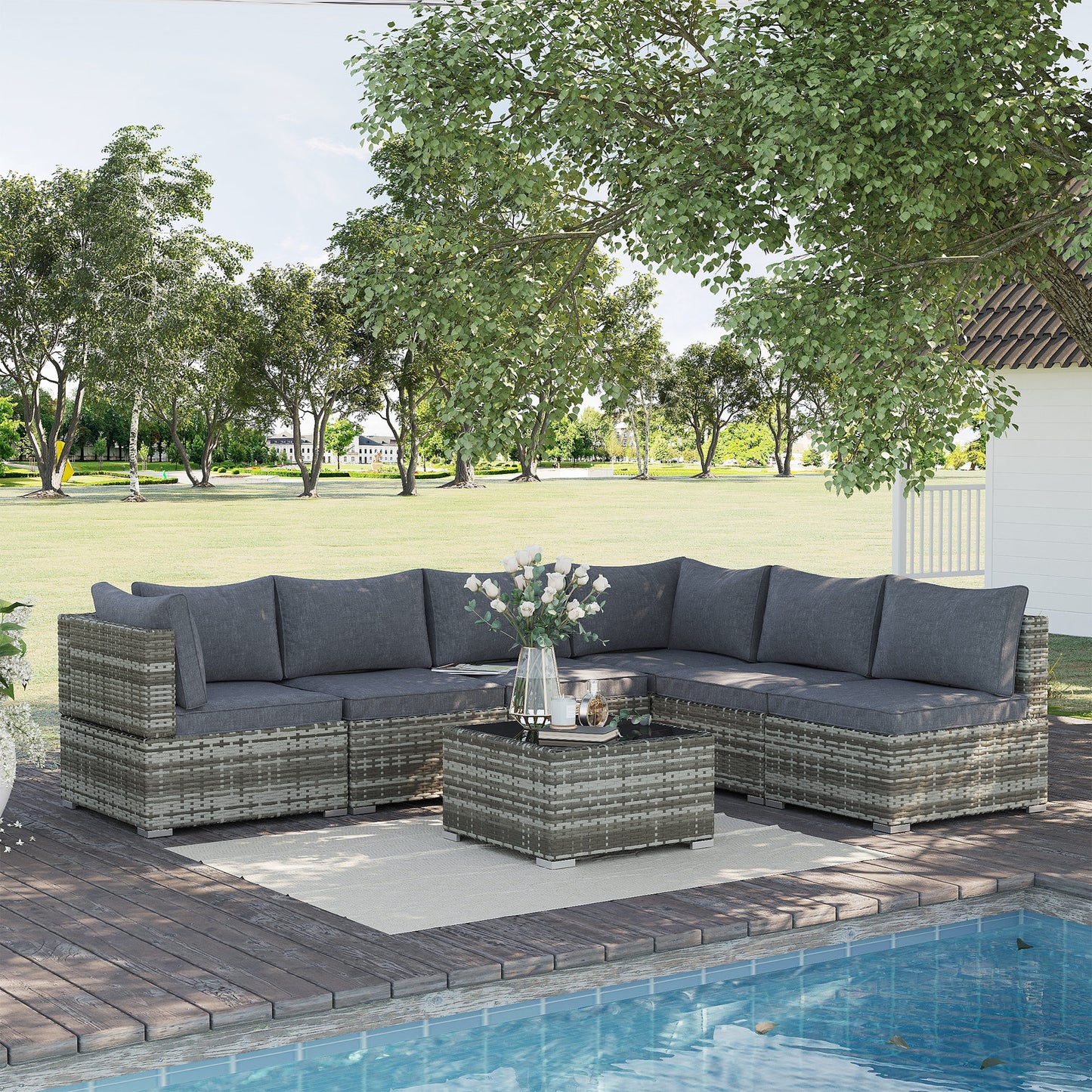 7 Pieces Outdoor PE Rattan Corner Sofa Set, Patio Wicker Conversation Chaise Lounge Furniture w/ Tempered Glass Table-top & Soft Padded Cushion, Dark Grey