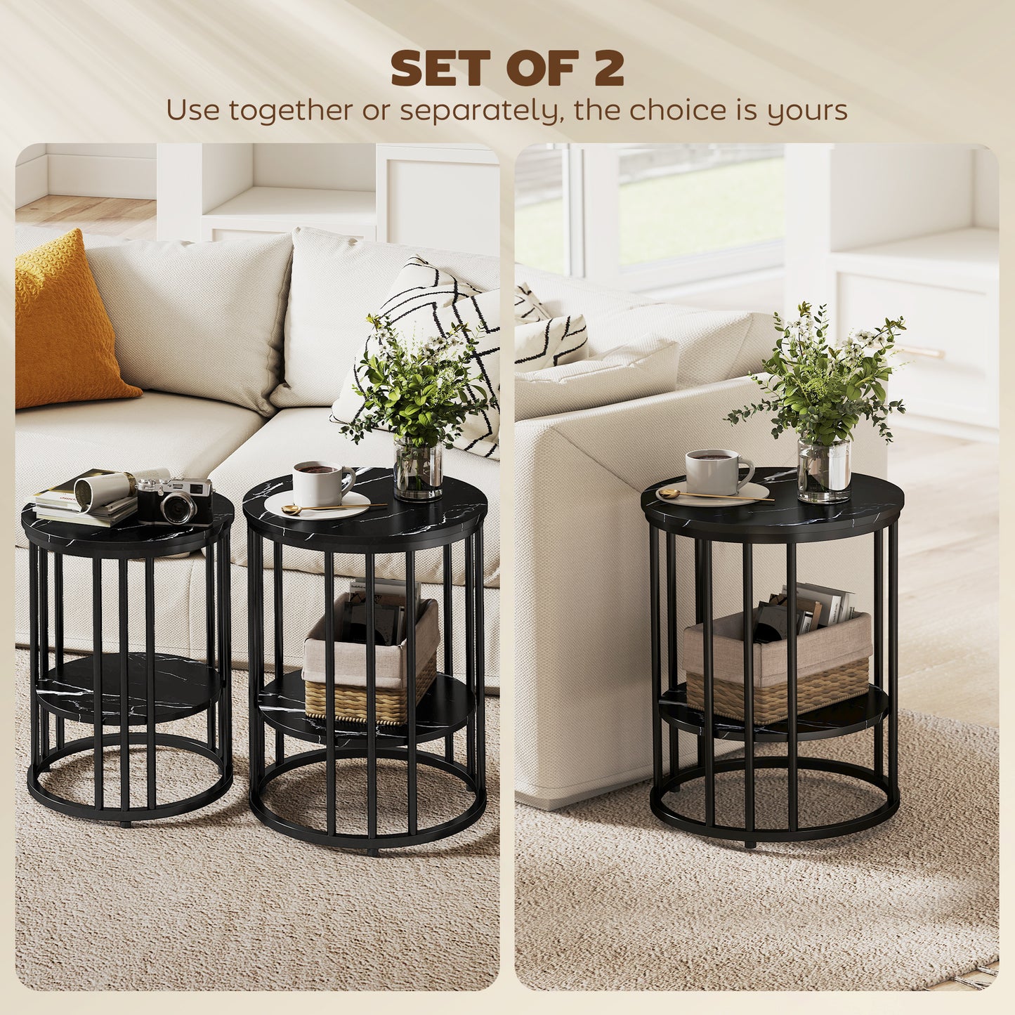 Set of 2 Marble-Effect Nest of Coffee Tables | 2-Tier Each | Adjustable Feet | Steel Frame | 45kg | Use Together or Separately | Black