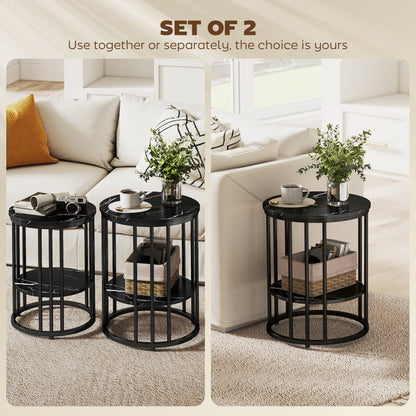Set of 2 Marble-Effect Nest of Coffee Tables | 2-Tier Each | Adjustable Feet | Steel Frame | 45kg | Use Together or Separately | Black