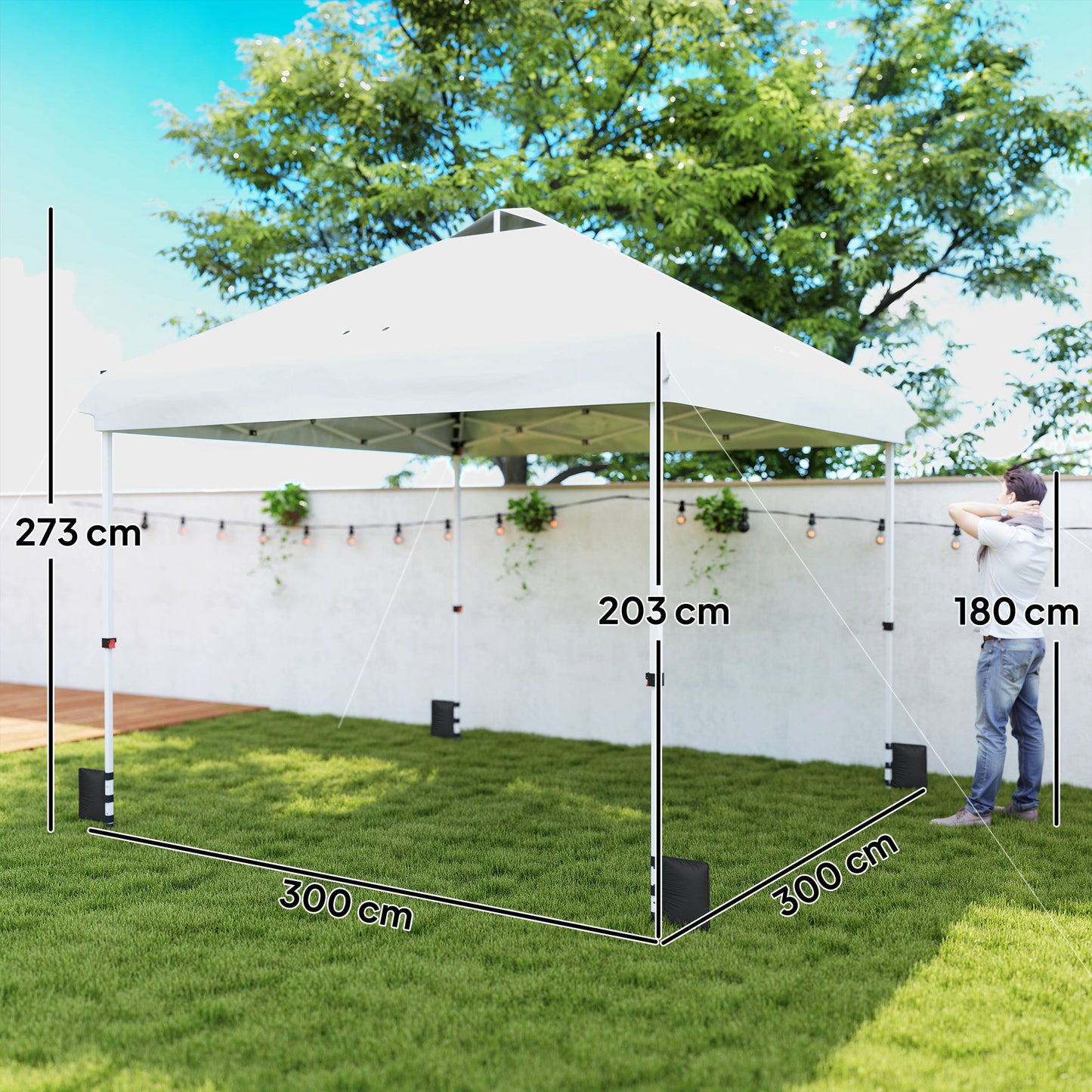 3x3m Pop-Up Gazebo with Flip-Down Wheels & One-Push Central Lock | UPF50+ 210D Oxford Fabric | Top Mesh Vent | 3-Height Adjustment | 4 Sandbags, 4 Guy Ropes & 12 Stakes | Carry Bag | 300x300x273cm | White