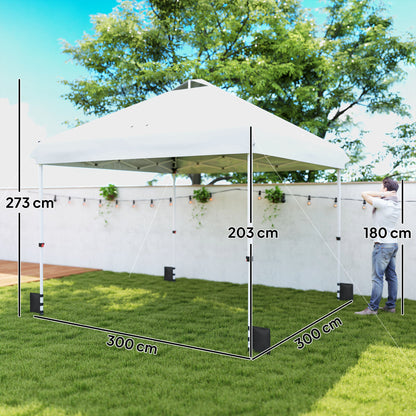 3x3m Pop-Up Gazebo with Flip-Down Wheels & One-Push Central Lock | UPF50+ 210D Oxford Fabric | Top Mesh Vent | 3-Height Adjustment | 4 Sandbags, 4 Guy Ropes & 12 Stakes | Carry Bag | 300x300x273cm | White