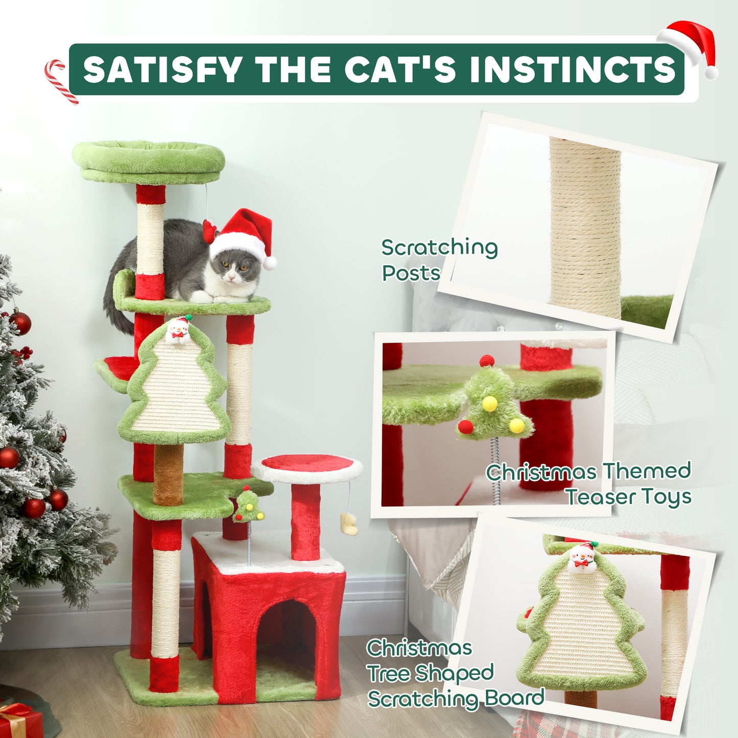 PawHut Cat Tree, 120cm Christmas Cat Tower with 3 Scratching Posts, Scratching Board, 2 Perches, Platforms, Toys, Green