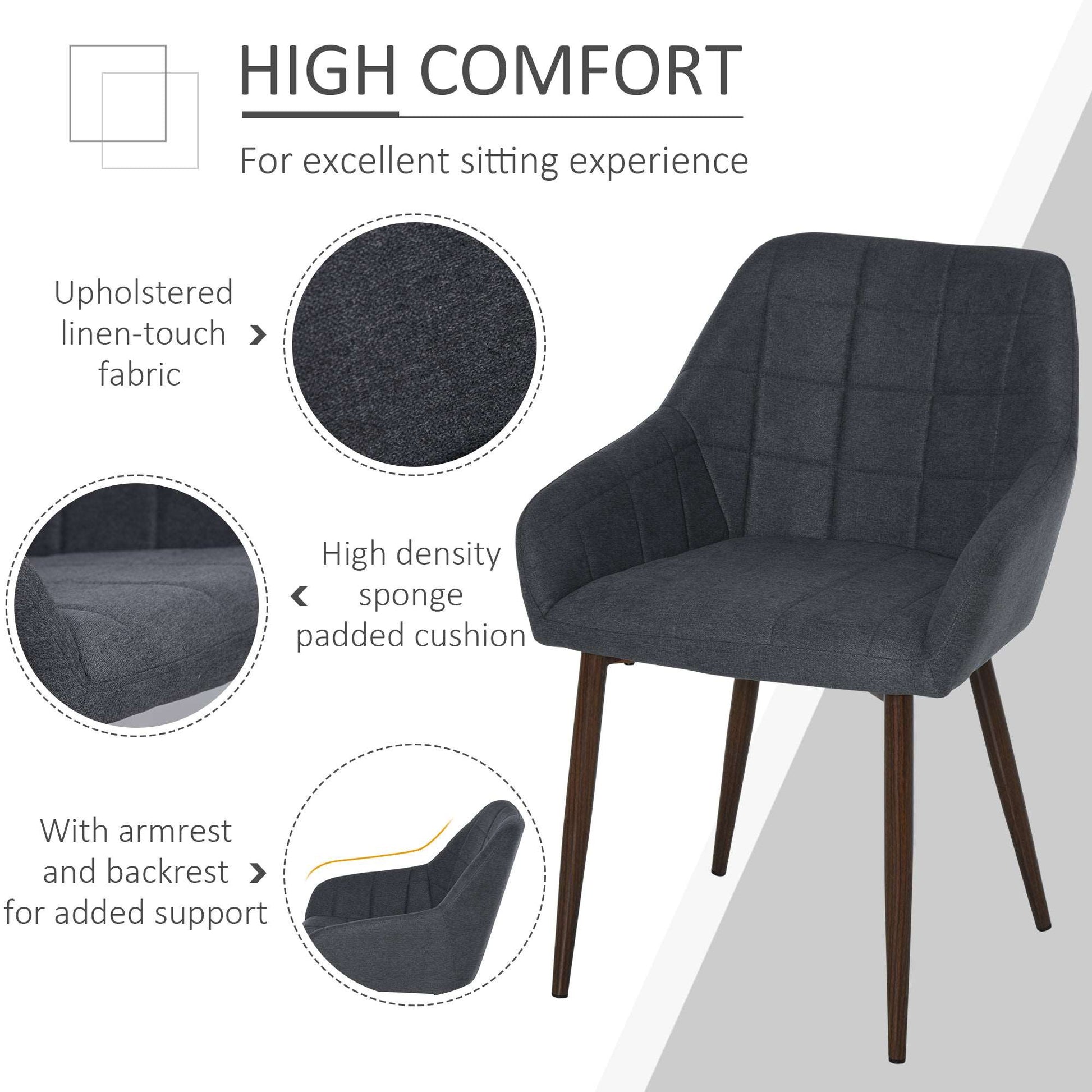 2 Pcs Linen-Touch Fabric Dining Chair w/ Cushion, Backrest, Mid Back Leisure Chair w/ Steel Leg, Sponge Padded Armchair for Dining Room