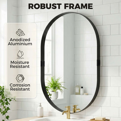 Rectangular Wall Mirror | Elevated 4cm Aluminium Alloy Frame | Shatterproof Tempered Glass | Moisture-Resistant Anodised Finish | MDF Backing | 60x90cm | Black