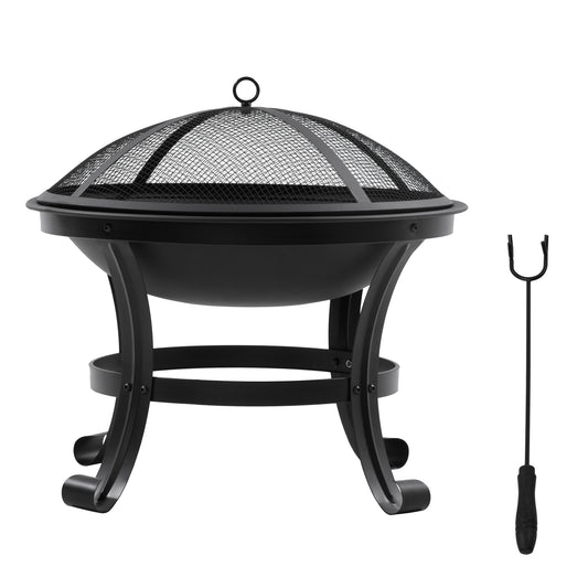 Outsunny Outdoor Fire Pit, Firepit with Mesh Lid, Poker, for Camping, Bonfire, Picnic, Black