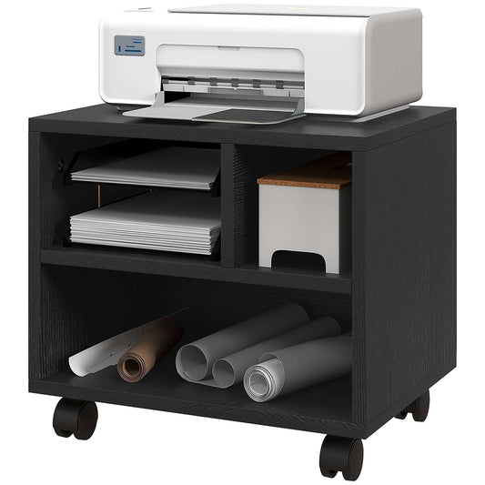 2-Tier Printer Stand with Storage, Under Desk Printer Cart on Wheels with 3 Compartments, Desktop Printer Table for Home Office, Black