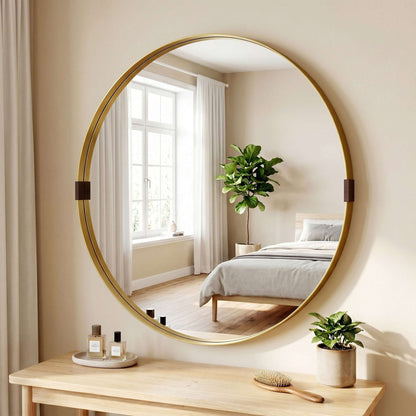 Round Wall Mirror | Shatterproof Tempered Glass | Anodised Aluminium Alloy Frame | 4cm Deep 3D Effect | 61cm Diameter | No Assembly | Gold Tone