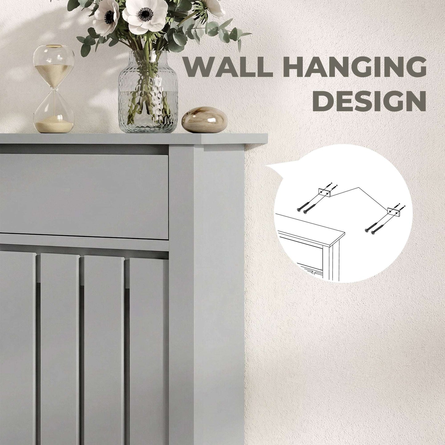 MDF & Particle Board Radiator Cover with 1 Drawer | Vertical Slats | Flat Top Display Surface | Wall Mountable | Pre-Cut Outs | 14kg Capacity | 88.5x19x93cm | Grey