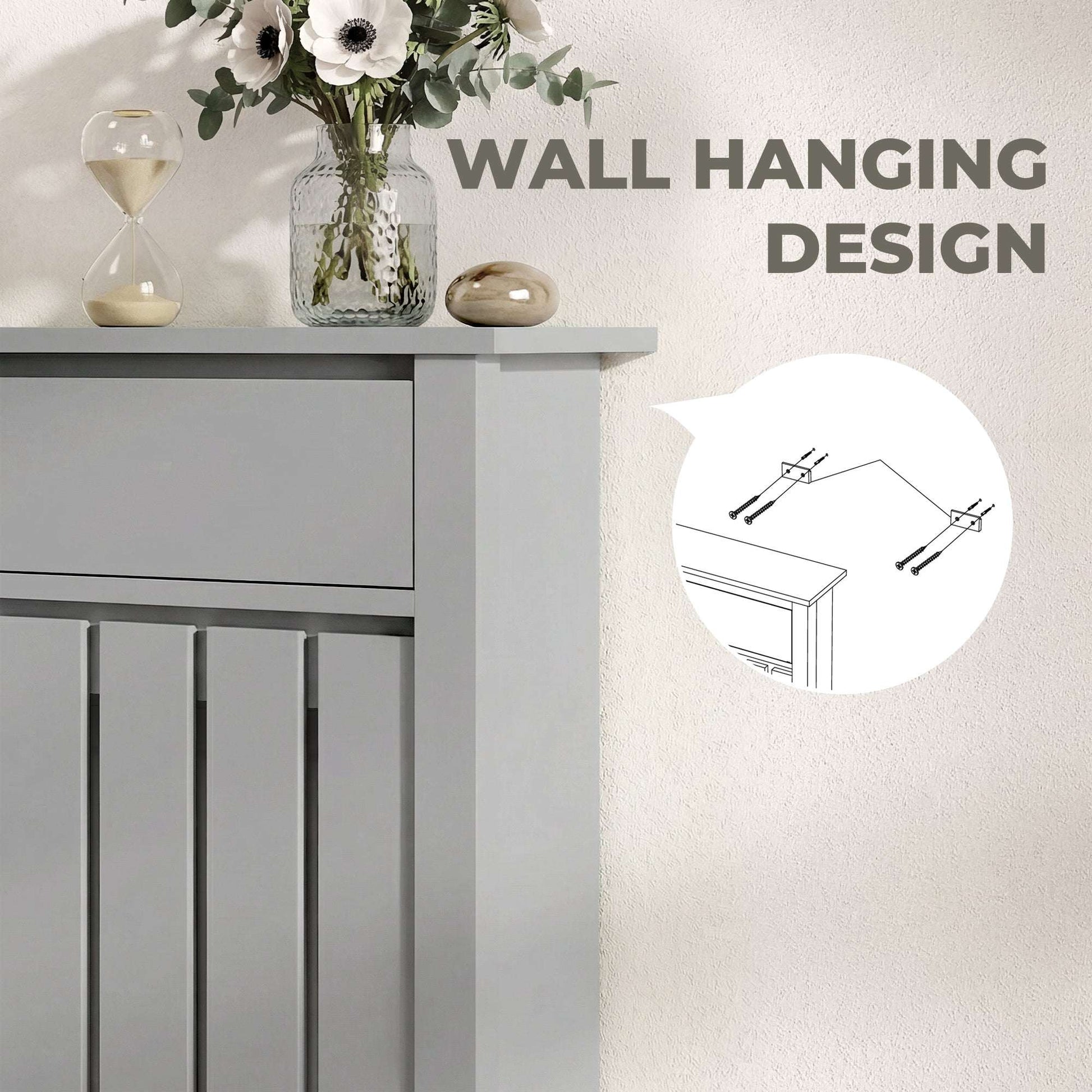 MDF & Particle Board Radiator Cover with 1 Drawer | Vertical Slats | Flat Top Display Surface | Wall Mountable | Pre-Cut Outs | 14kg Capacity | 88.5x19x93cm | Grey