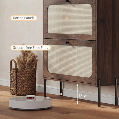 Boho Narrow Shoe Cabinet | 2 Flip Drawers | Rattan Fronts | 12-16 Pairs | Adjustable Shelves | Anti-Tip Hardware | Melamine Coating | 40kg Capacity | 80x23.7x99.5cm | Dark Brown