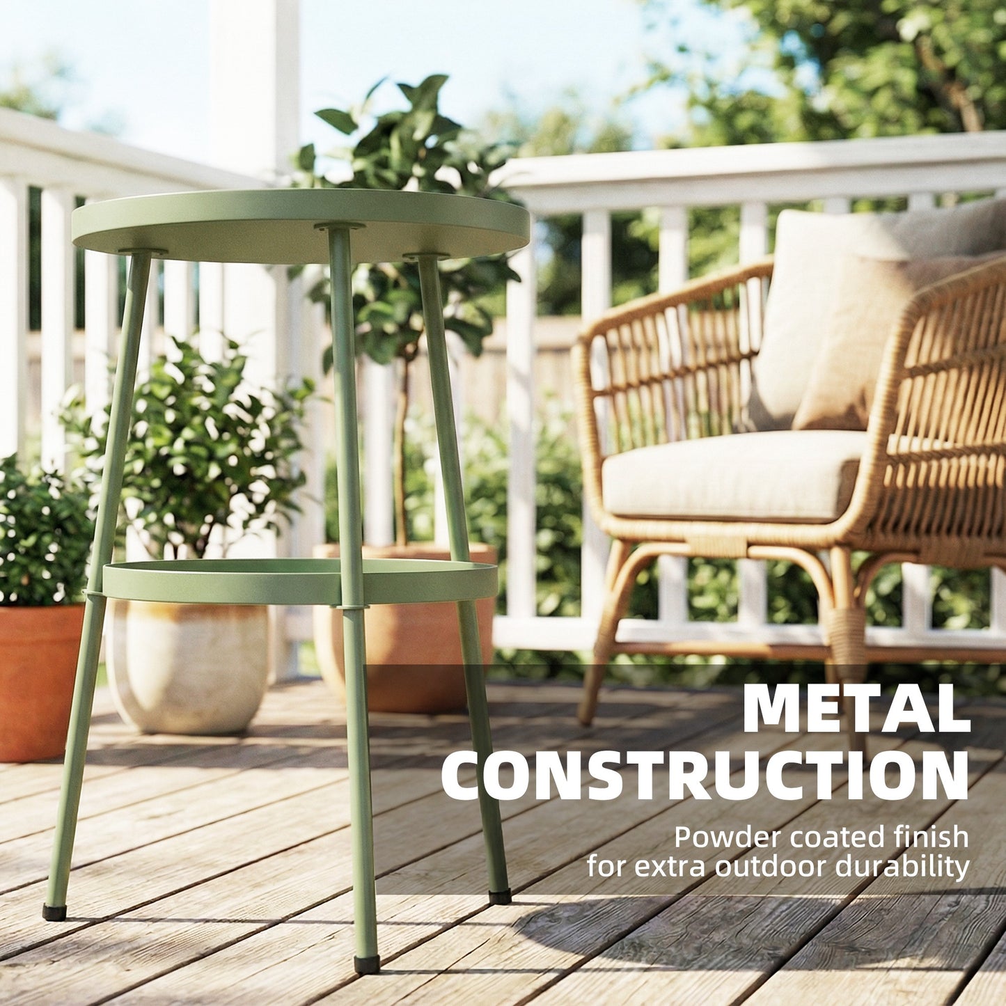 2 Tier Round Garden Bistro Side Table | 36x36x53cm | 32cm Top Tray | Tripod Base | Adjustable Feet | Powder Coated Metal | 20kg | Light Green