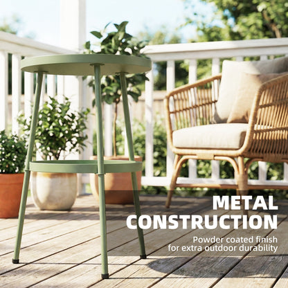 2 Tier Round Garden Bistro Side Table | 36x36x53cm | 32cm Top Tray | Tripod Base | Adjustable Feet | Powder Coated Metal | 20kg | Light Green