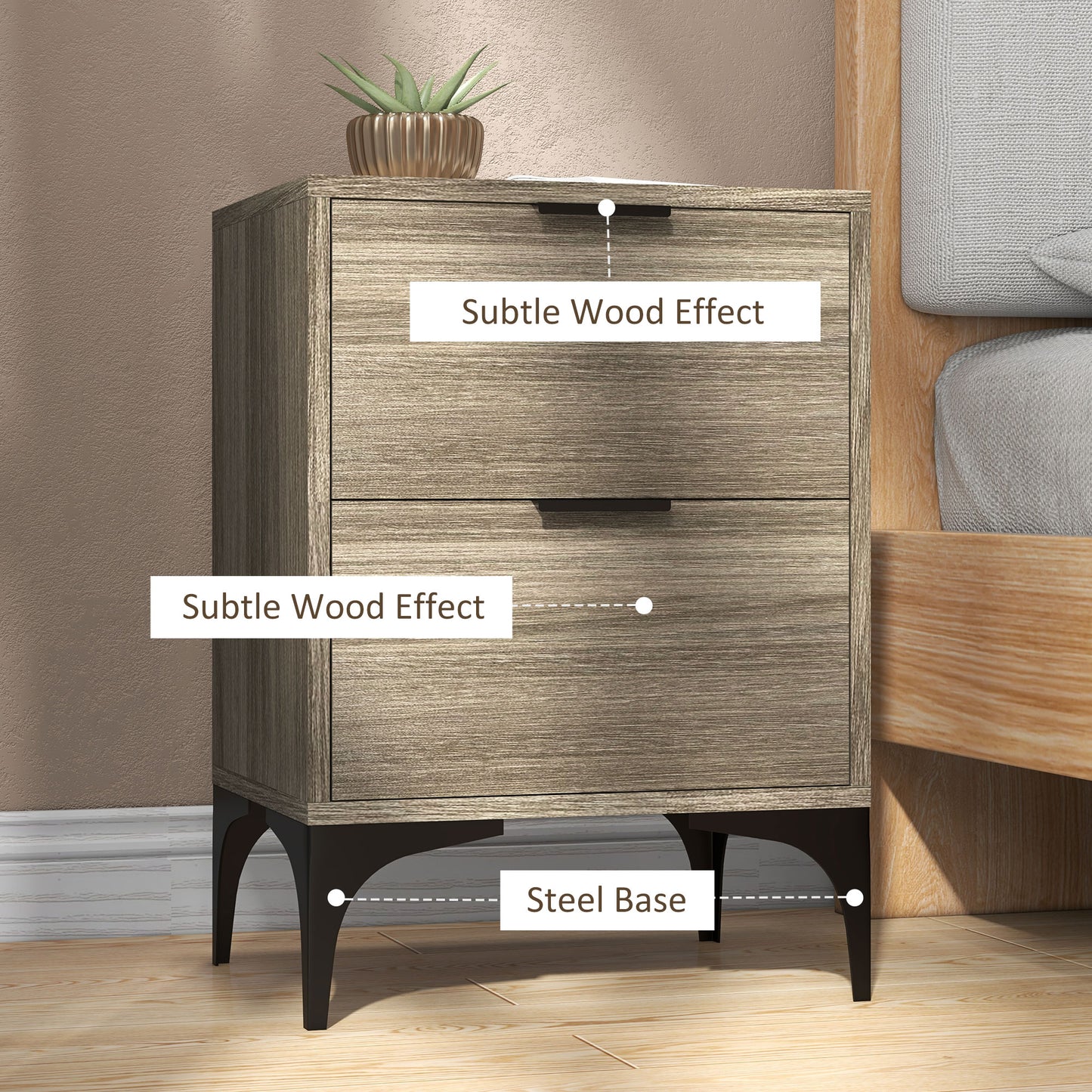 Bedside Tables Set of 2, Modern Nightstand with 2 Drawers, Small Sofa End Tables with Storage and Steel Legs for Bedroom, Living Room, Grey