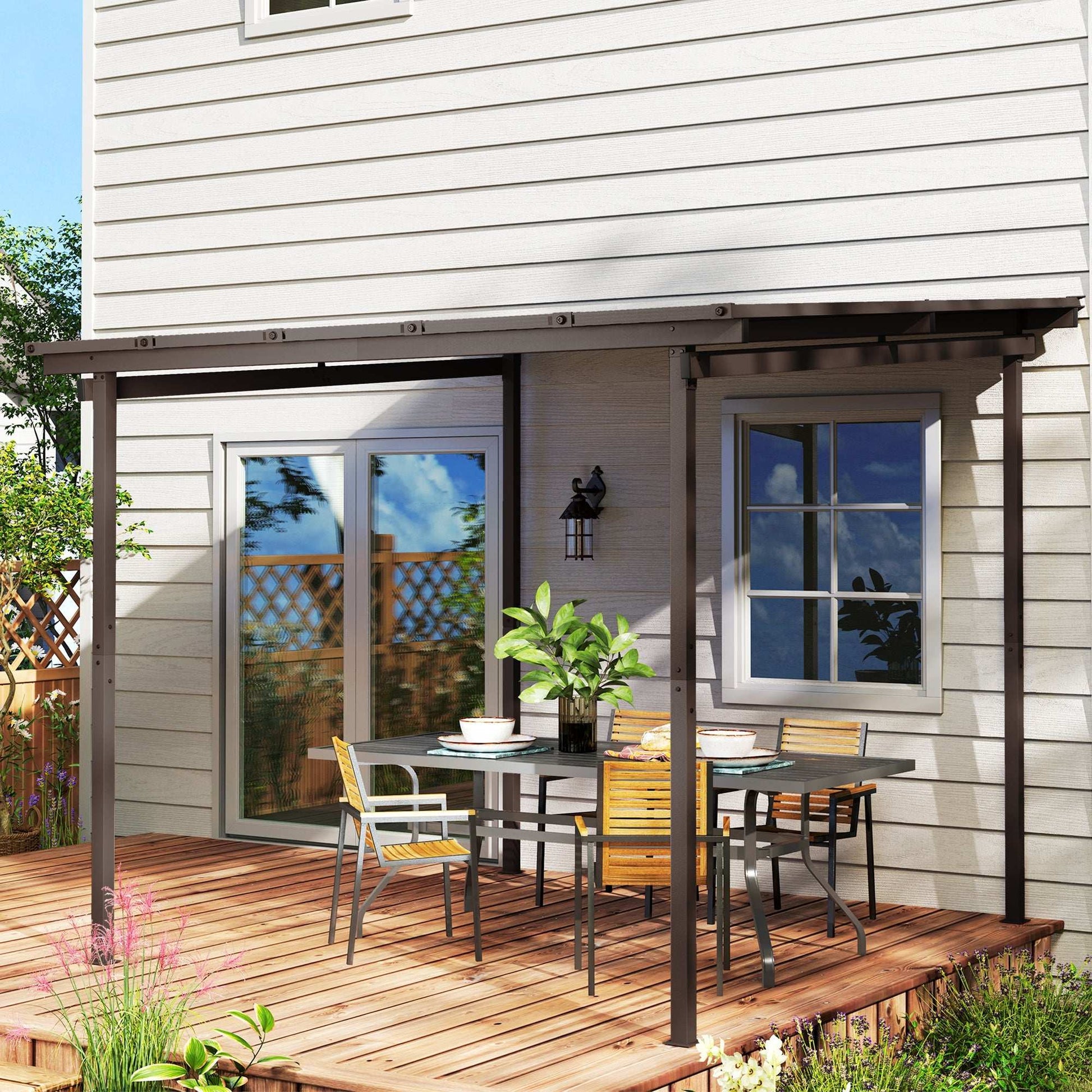3 x 3(m) Garden Pergola with Waterproof Metal Roof, Lean to Pergola Hardtop Gazebo, Wind-resistant Outdoor Sun Shade, Easy to Assemble