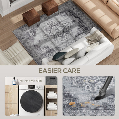 Vintage Floral Area Rug | Machine Washable | Soft Flannel 100% Polyester | TPR Non-Slip Backing | Foldable | 230x160cm | Grey | Living Room Bedroom Dining Room Home Office