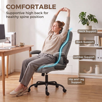 Ergonomic Office Chair | Flip-Up Armrests | Pocket Springs | Class 3 Gas Lift | Linen-Look Fabric | Diamond Pattern | Dark Grey / Beige