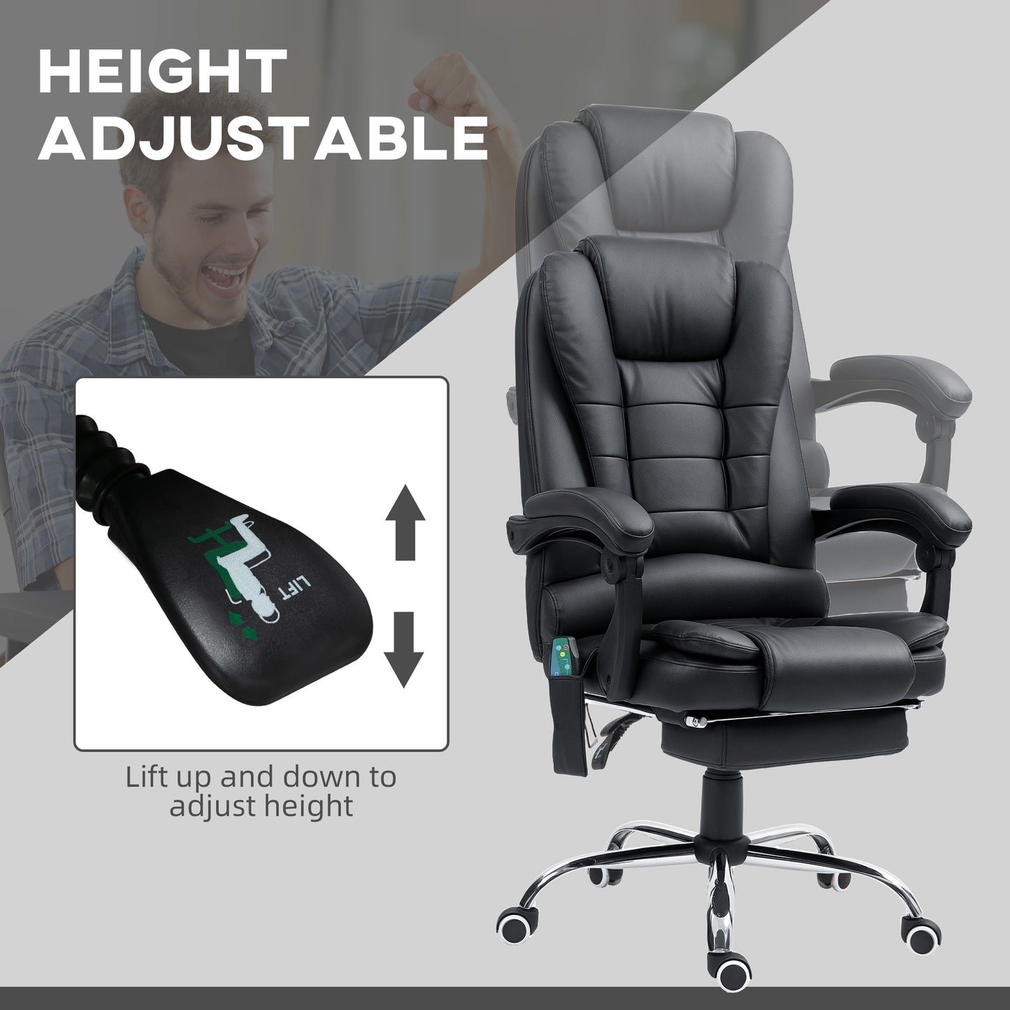 Heated Massage Executive Office Chair | 6 Point Vibration | High Back PU Leather | 135° Recline & Footrest | 360° Swivel | 45-52cm Height | 113kg | Black