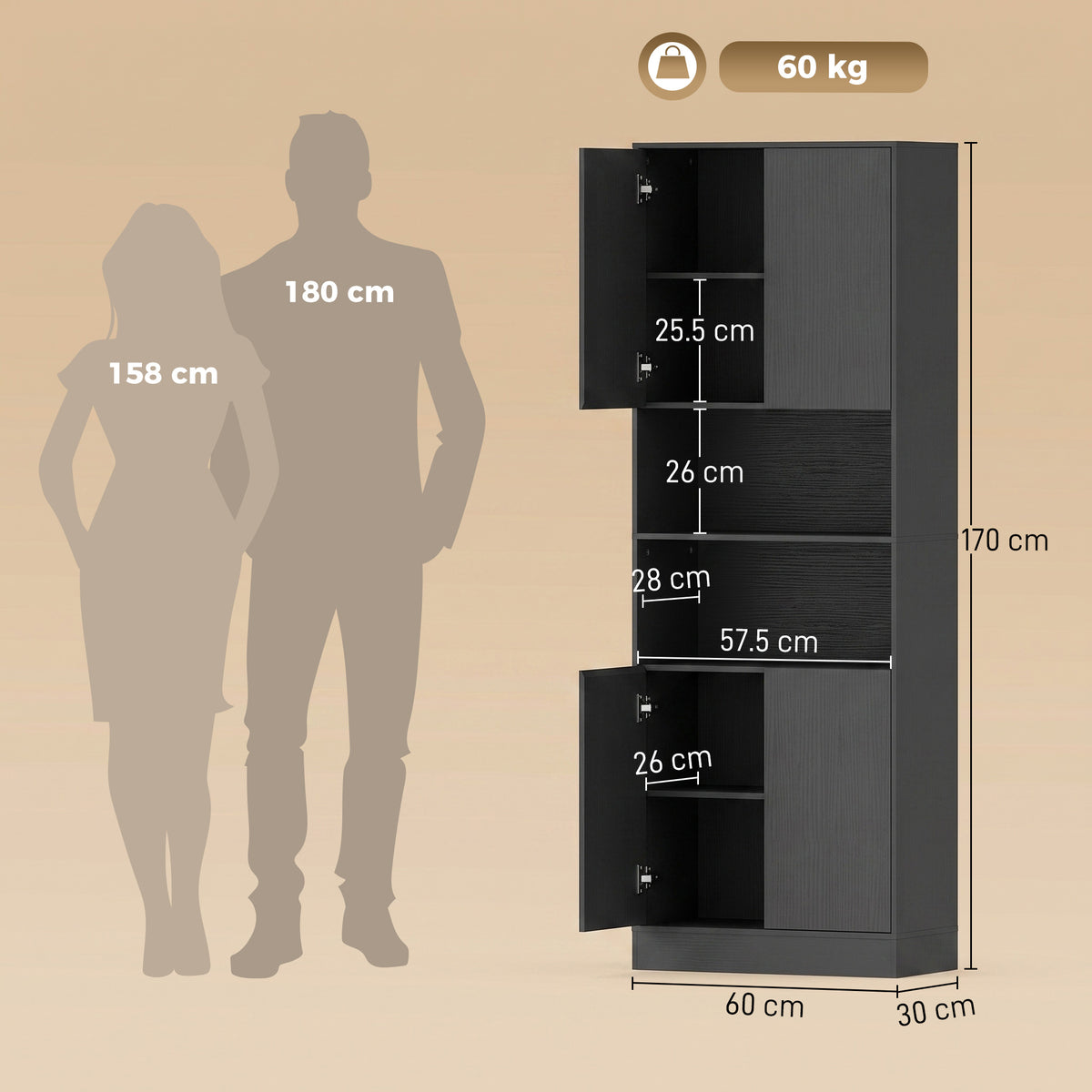 Kitchen Pantry Cabinet | 170cm Freestanding Storage Cupboard with Soft-Close Doors, 2 Colours