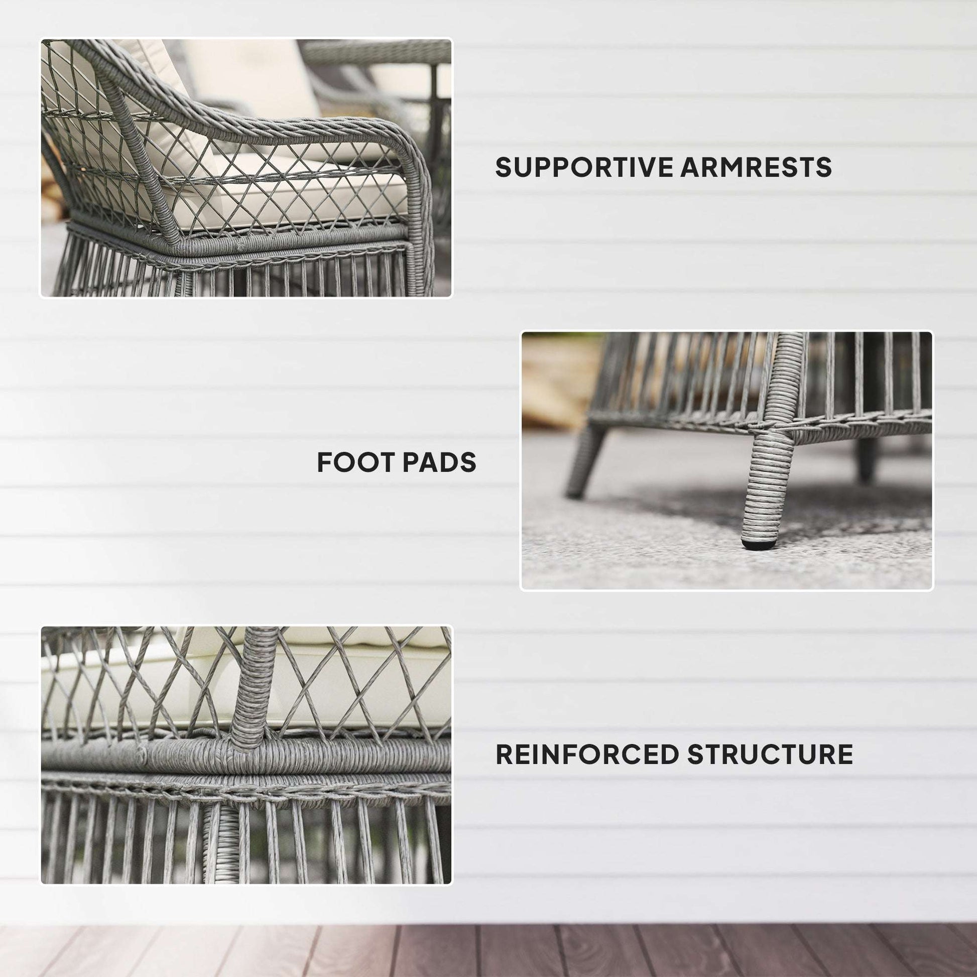 Rattan Dining Set with Seat and Back Cushions, 6 Seater Garden Furniture Set with Aluminium Frame, 6 Chairs, WPC Top Rectangle Table - Grey