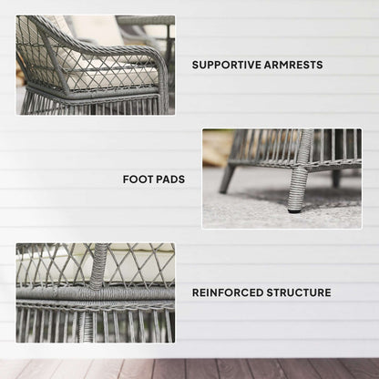 Rattan Dining Set with Seat and Back Cushions, 6 Seater Garden Furniture Set with Aluminium Frame, 6 Chairs, WPC Top Rectangle Table - Grey