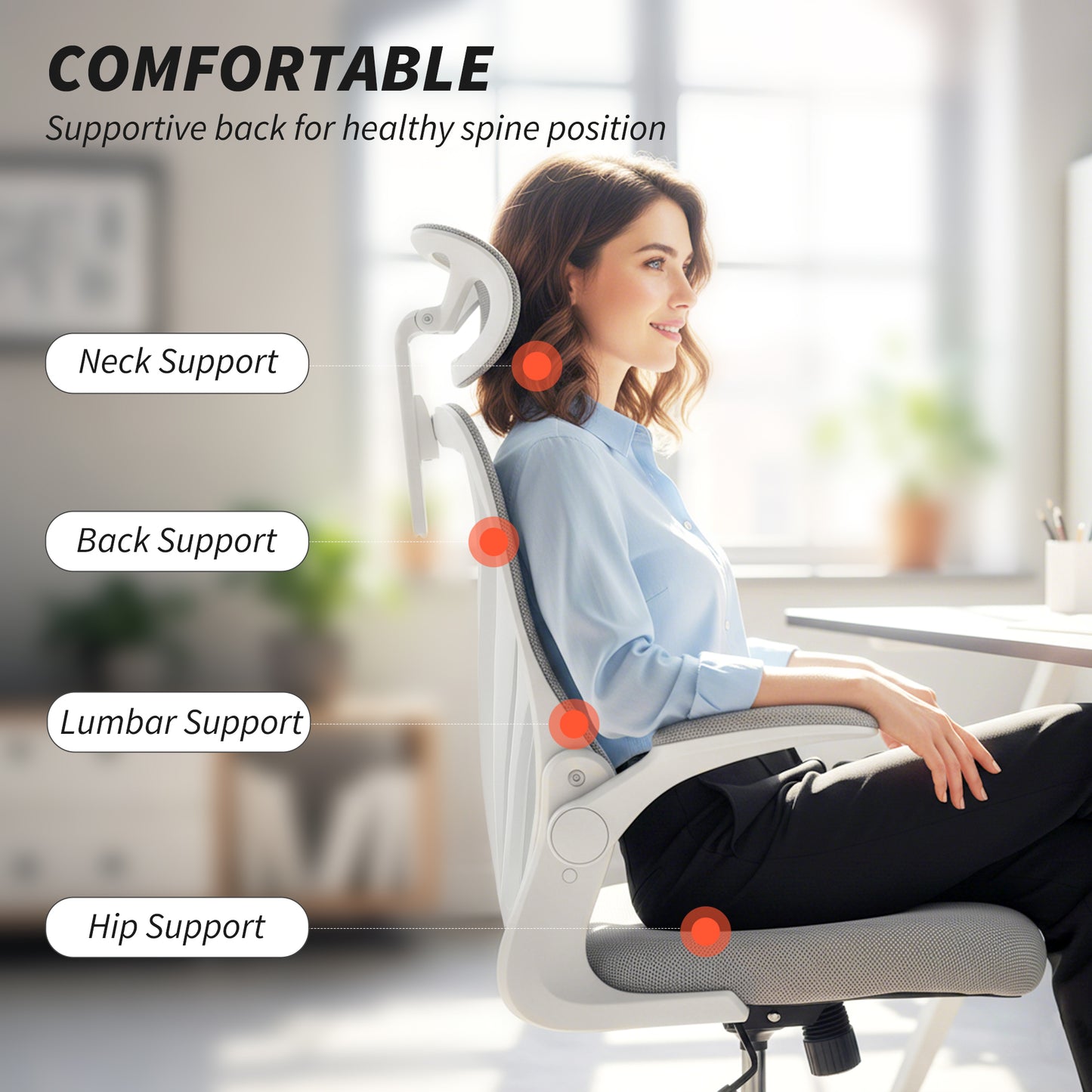 Ergonomic Office Chair with Foldable Backrest, 2D Headrest - Light Grey