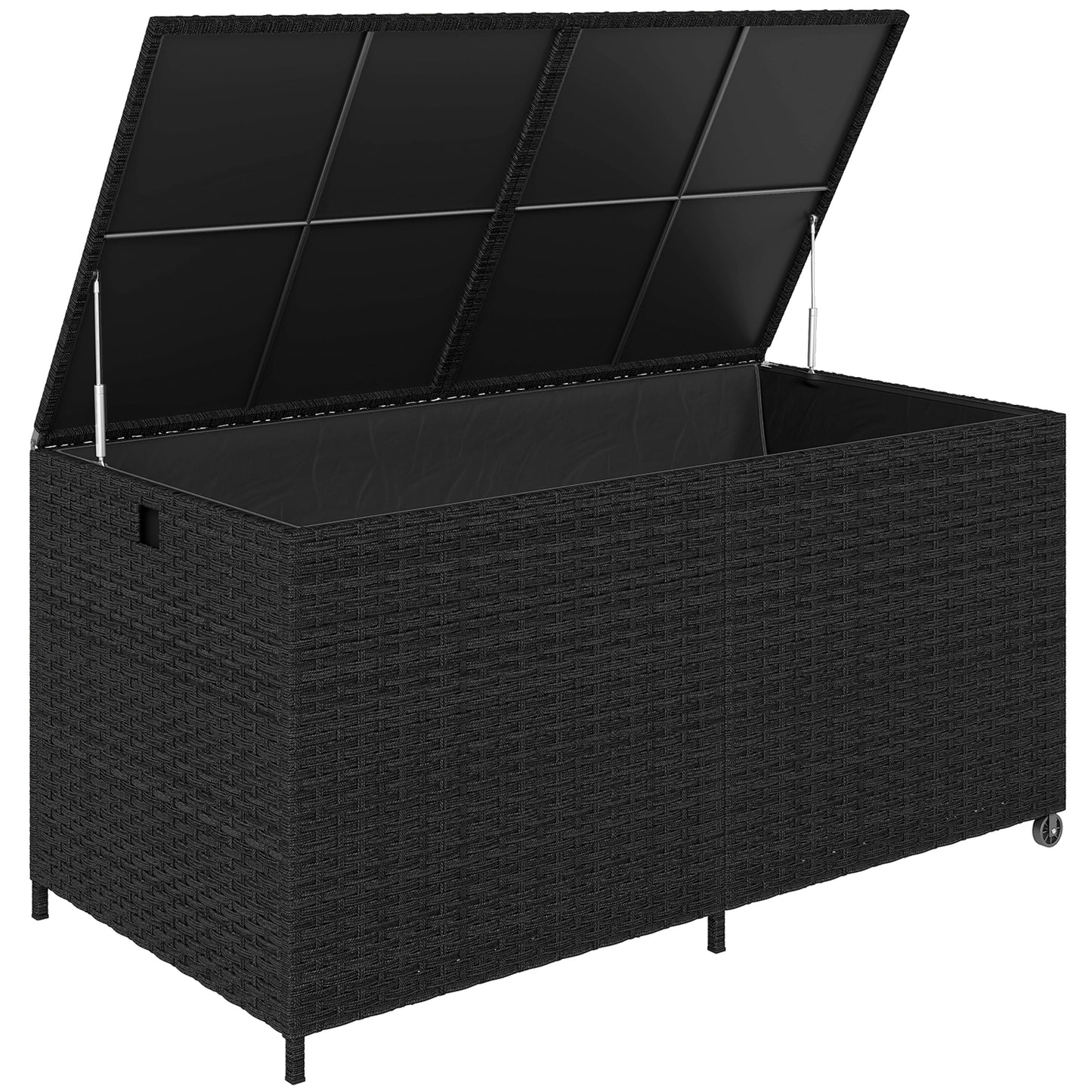 650L Rattan Garden Storage Box | 2 Wheels | Waterproof Zipped Liner | Gas-Assisted Lid | UV-Resistant PE Rattan | Powder-Coated Steel | 100kg | 150x75x74cm | Black