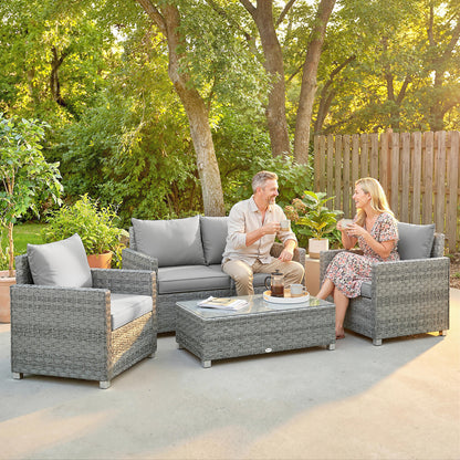 4-Piece Rattan Garden Furniture Set | Loveseat | 2 Armchairs | Tempered Glass Table | 15cm Back Cushions | Washable Covers | 120kg | Grey