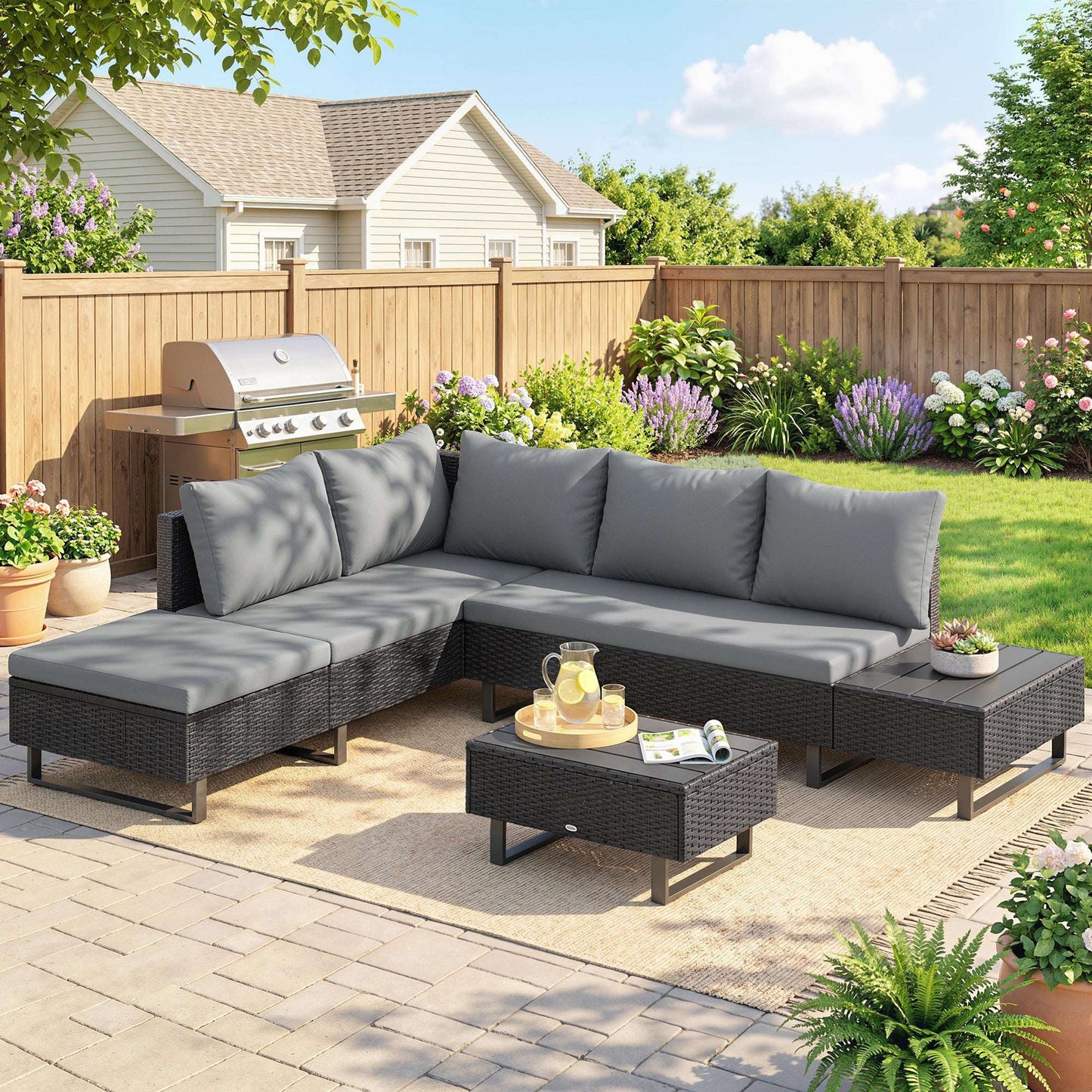 5 Seater L-Shaped Rattan Garden Corner Sofa Set | Adjustable Backrest & Chaise Lounge | Loveseat & Coffee Table | Zipped Cushion Covers | Powder-Coated Frame | 360kg Capacity | Dark Grey